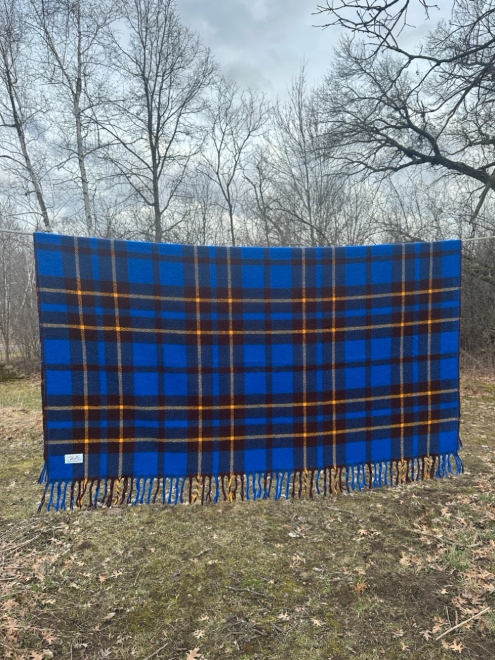Vintage Faribo Blue Plaid Wool Camp Stadium Blanket Fringe Throw Cabin Lodge USA - Picture 4 of 4
